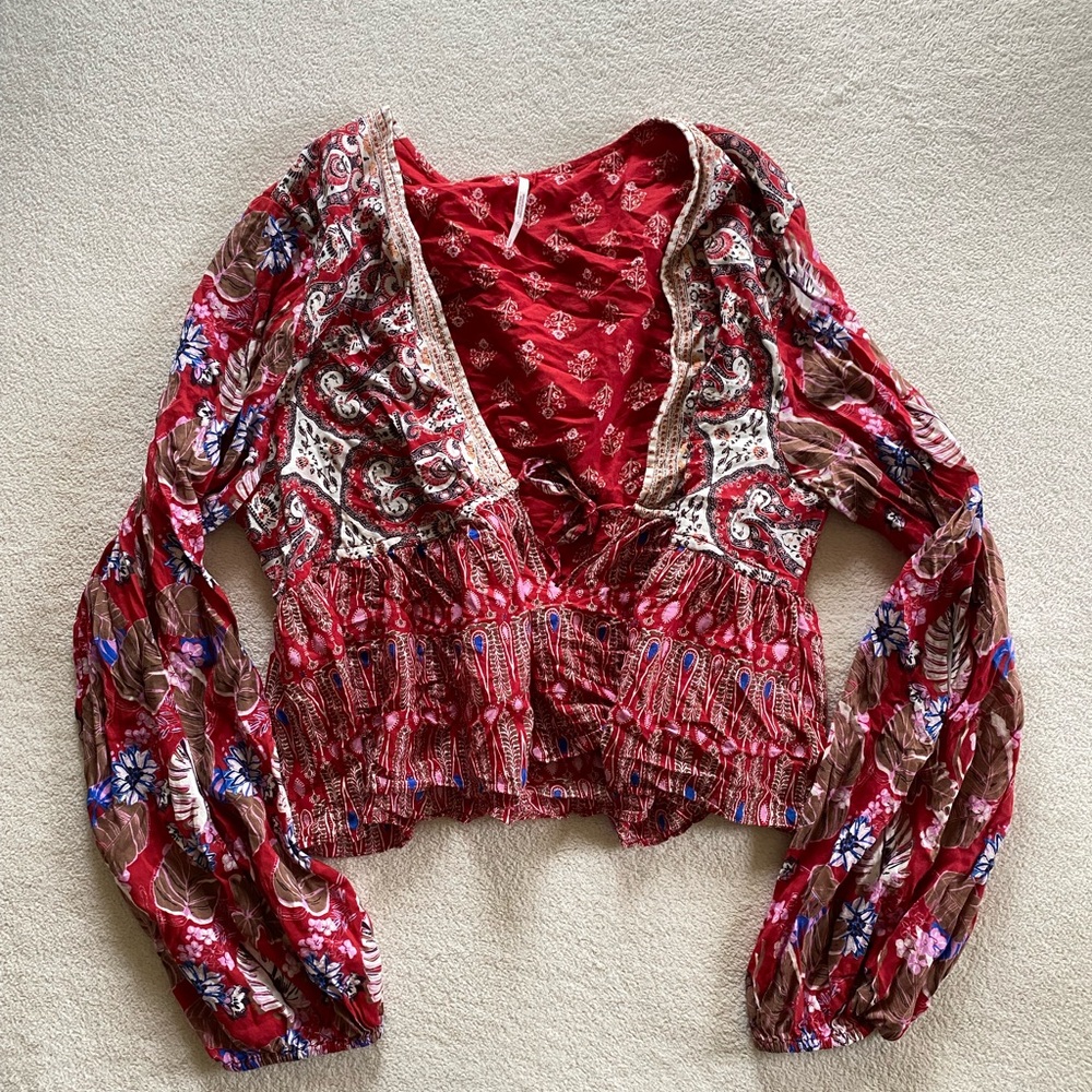 Free People Bohemian Red Floral Peasant Top